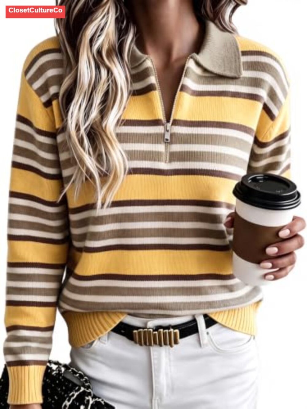 Fisoew Women's Quarter Zip Striped Sweater Collared Long Sleeve Pullover Top